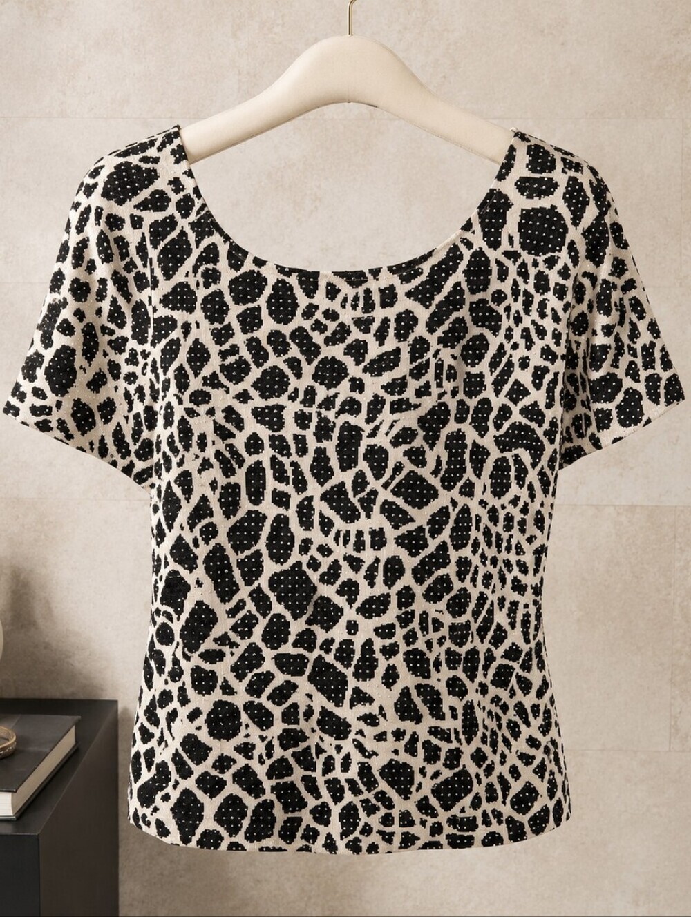 St. John Black & White Animal Print Studded Knit Top
